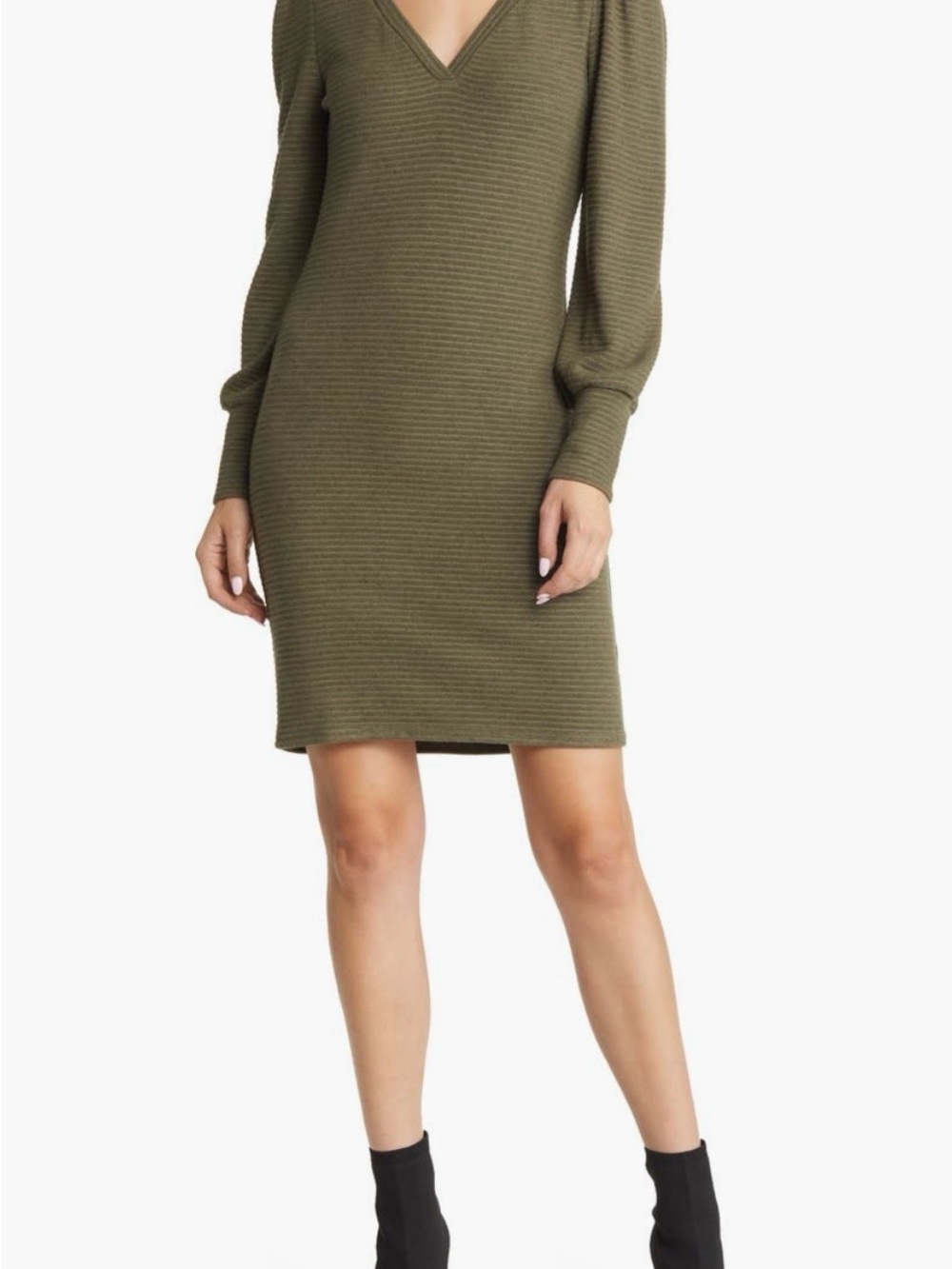 Steve Madden Olive Ribbed V-Neck Long Sleeve Dress